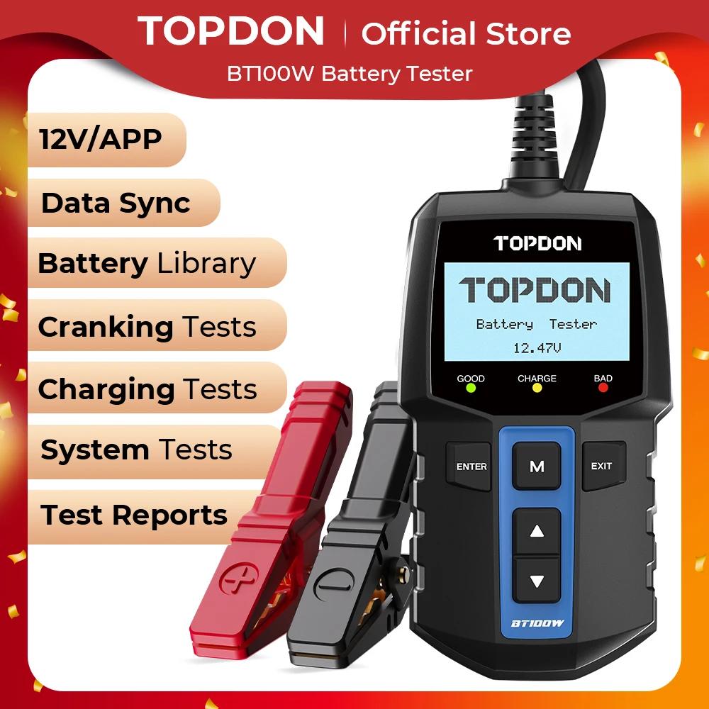TOPDON-BT100W 배터리 테스터 12V, 블루투스 충전 크랭킹 디지털 테스트 도구 자동차 자동 분석기 차량용